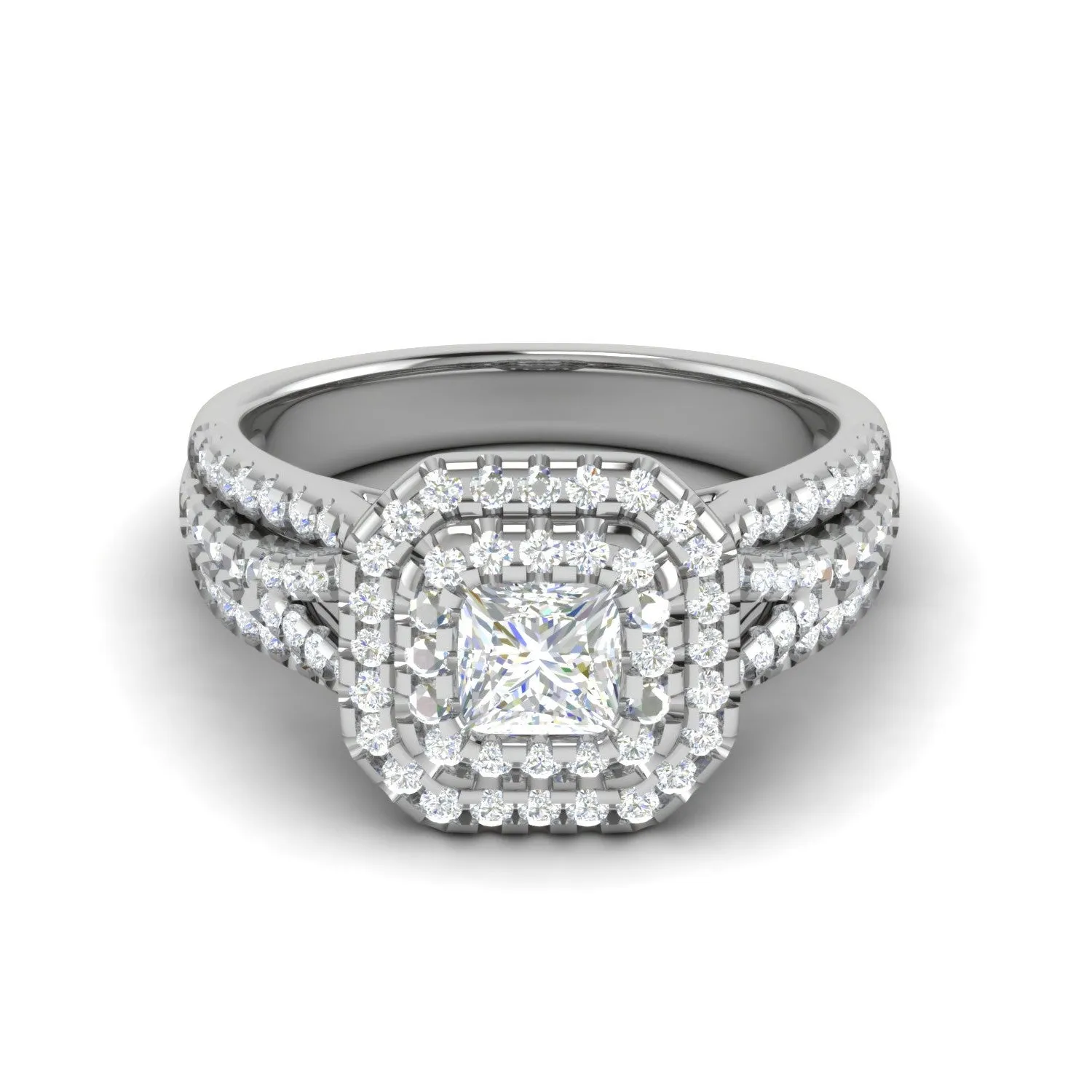 0.30 cts. Princess Cut Diamond Double Halo Split Shank Platinum Solitaire Engagement Ring JL PT WB6001E