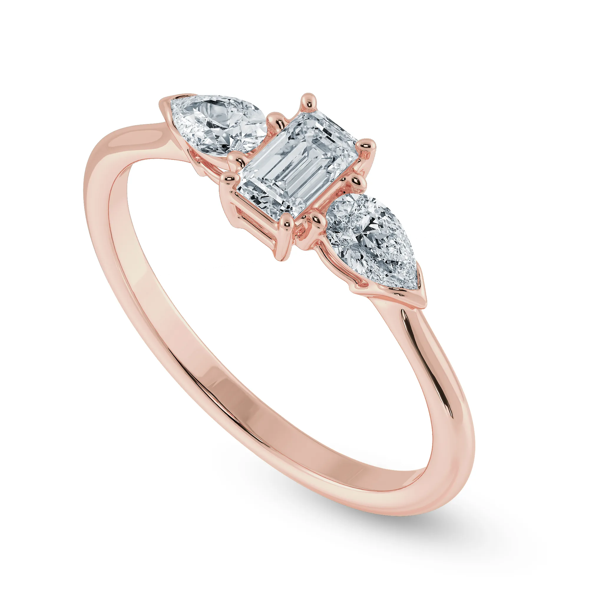 0.30cts. Emerald Cut Solitaire with Pear Cut Diamond Accents 18K Rose Gold Solitaire Ring JL AU 1204R