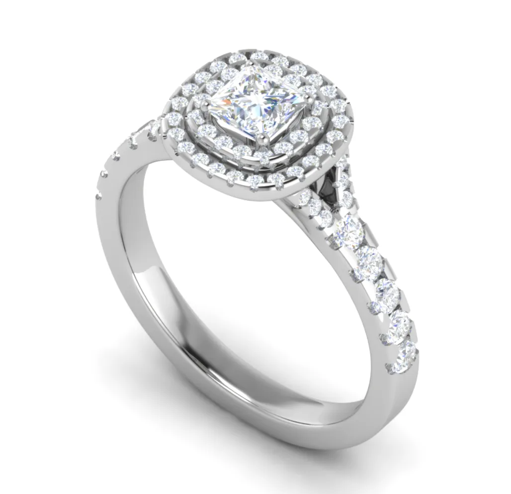 0.50 cts Princess Cut Solitaire Square Double Halo Diamond Shank Platinum Ring JL PT RH PR 285