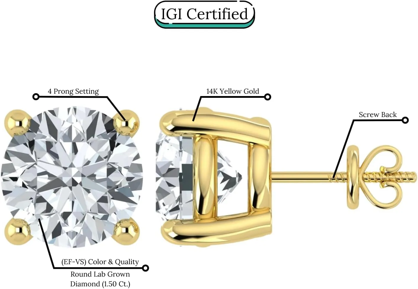 0.50 to 5.00 Carat IGI Certified Lab Grown Round Cut Diamond Studs Earrings 14k White/Yellow Gold 4 Prong Screwback Jewelry Gift Box Packaging (E-F Color, VS1-VS2 Clarity)