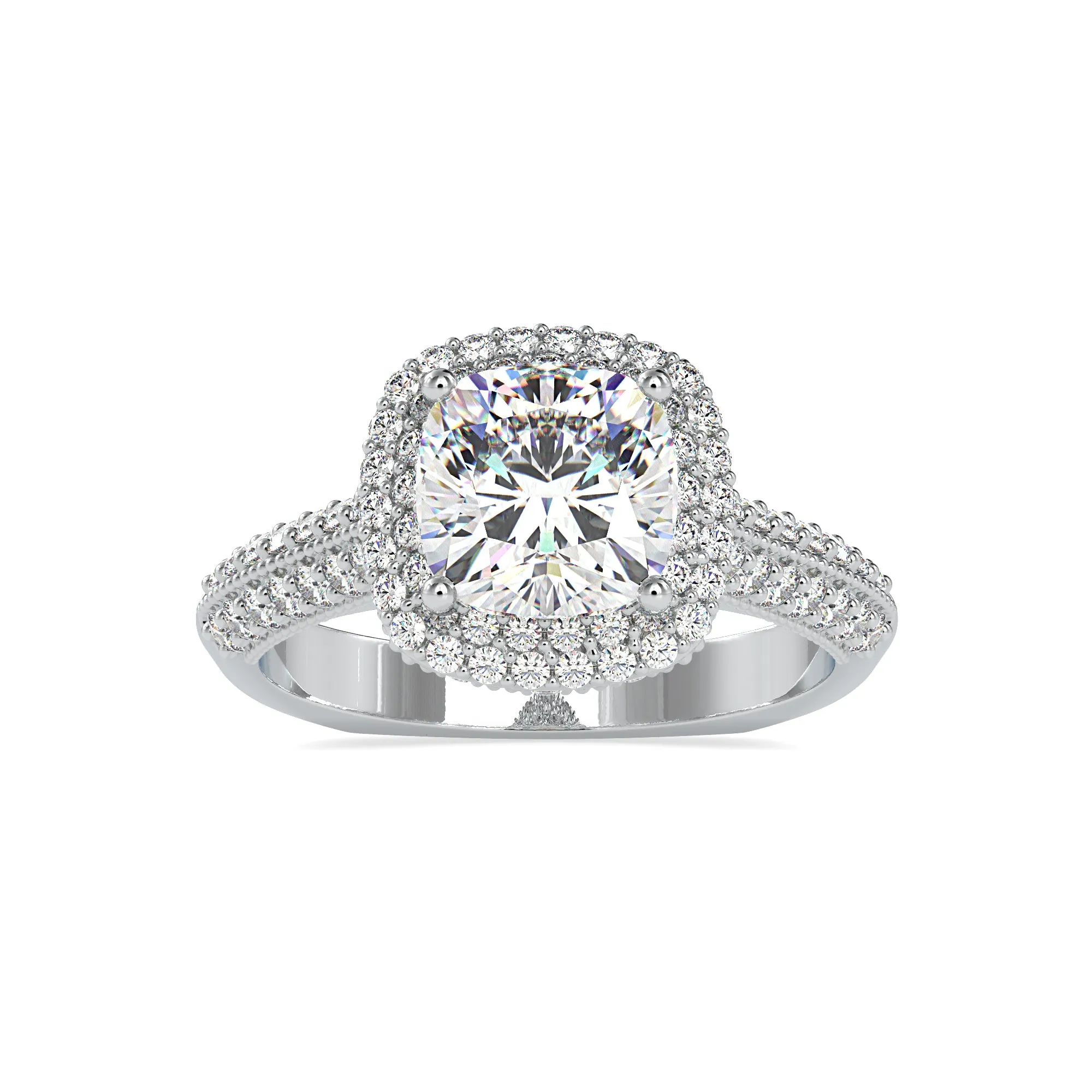 0.50cts. Cushion Cut Solitaire Platinum Double Halo Split Shank Engagement Ring JL PT 0102
