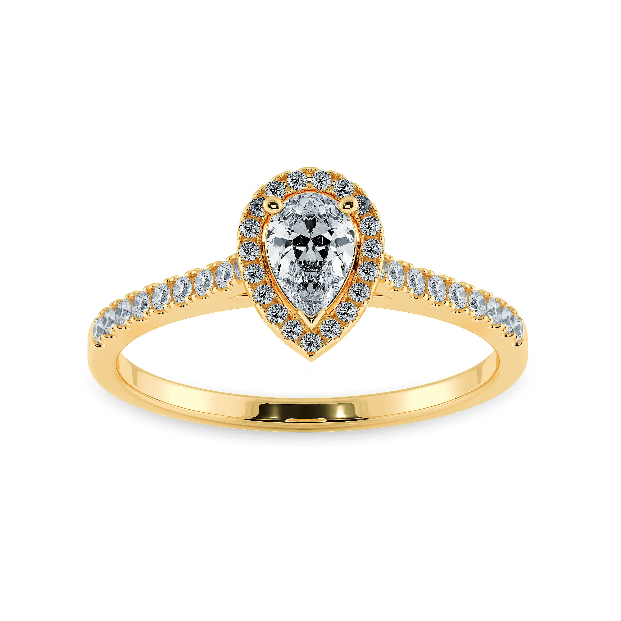 0.50cts. Pear Cut Solitaire Halo Diamond Shank 18K Yellow Gold Ring JL AU 1200Y-A