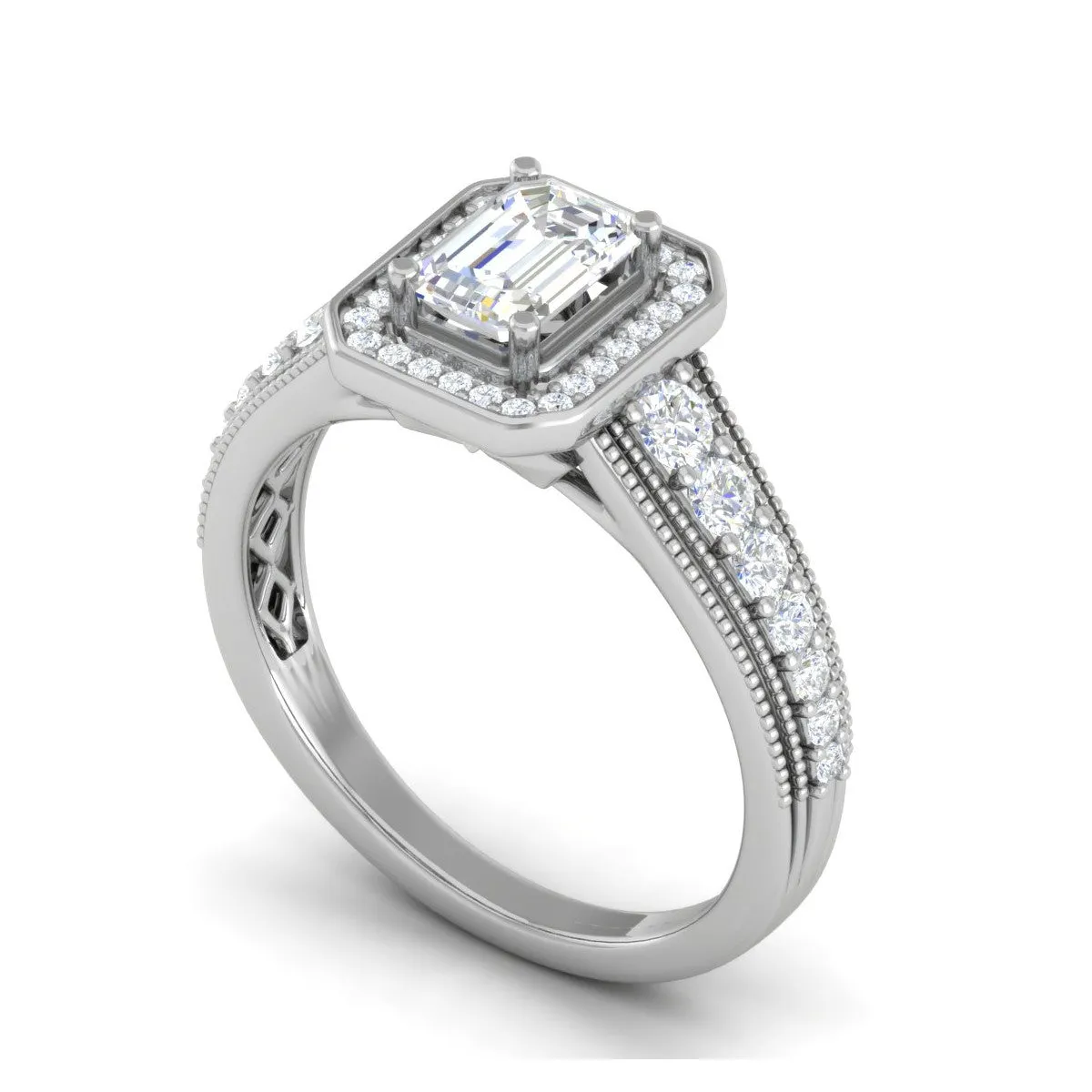 0.70 cts Emerald Cut Solitaire Halo Diamond Shank Platinum Ring JL PT JRW2824MM