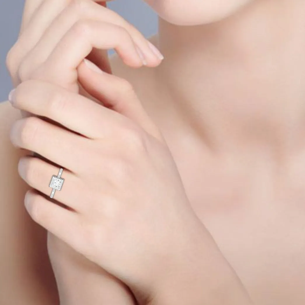 0.70 cts Princess Cut Solitaire Square Halo Diamond Platinum Ring JL PT RH PR 115