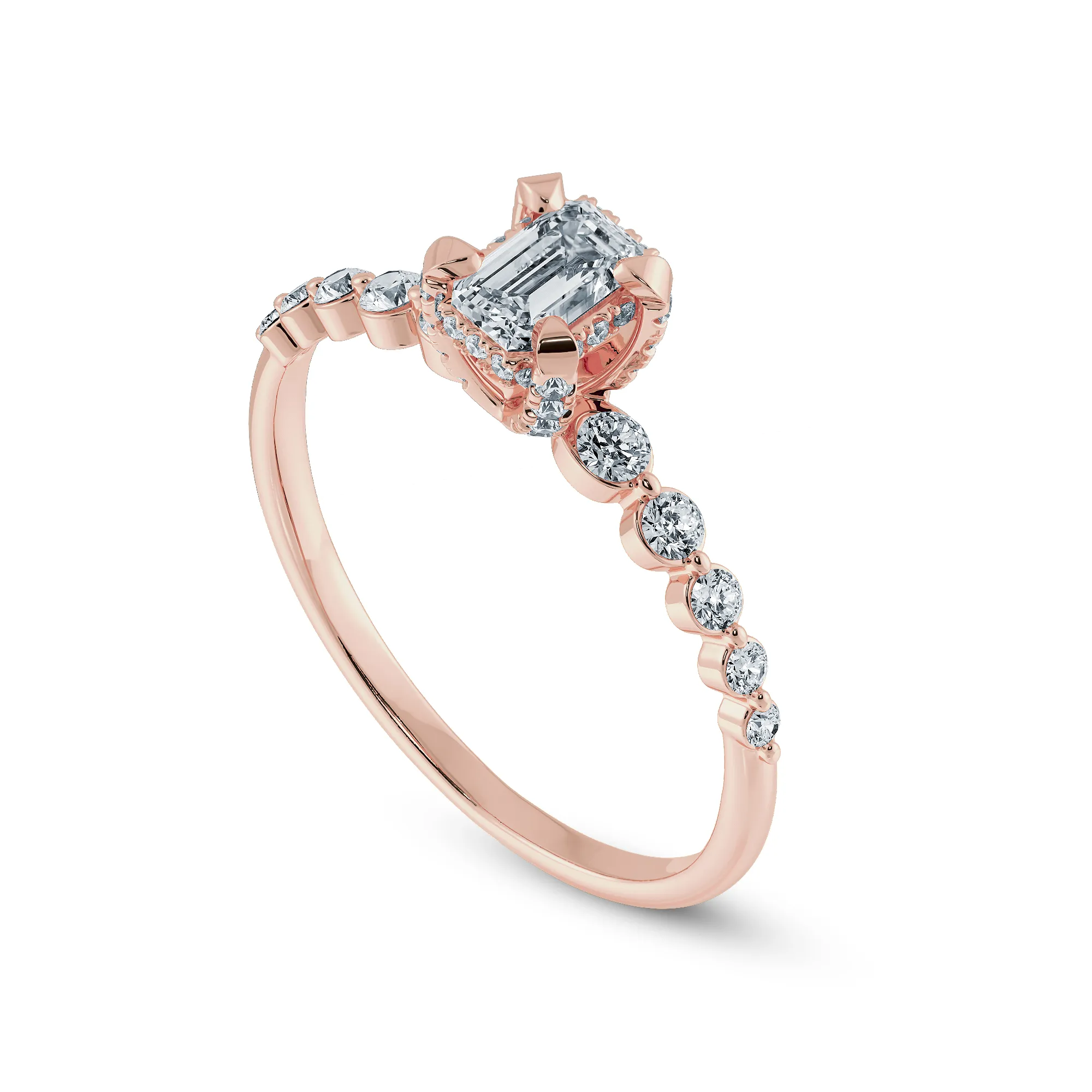0.70cts. Emerald Cut Solitaire Halo Diamond Accents 18K Rose Gold Solitaire Ring JL AU 2006R-B