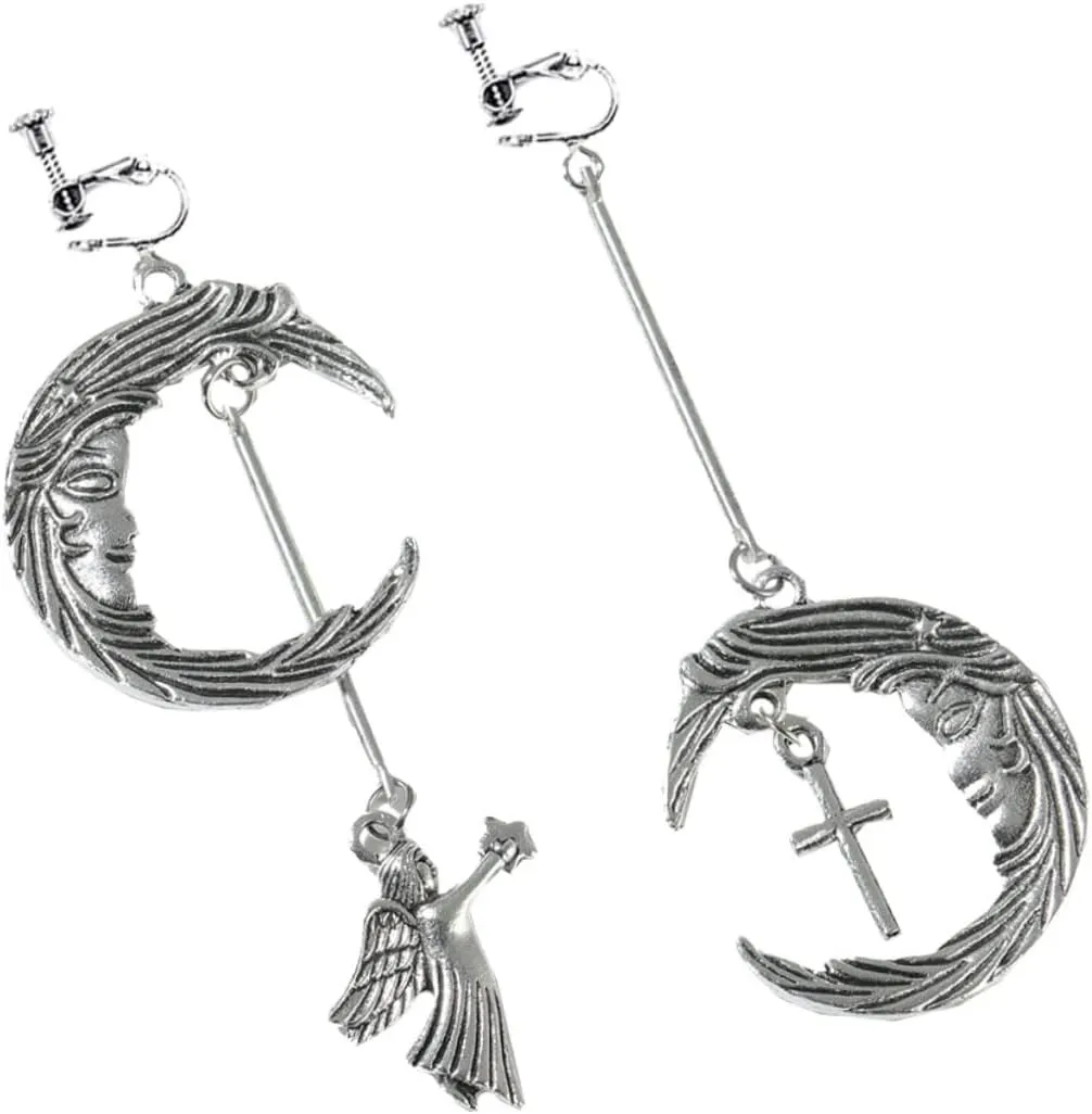 1 Pair Moon Angel Cross Pendant Creative Asymmetrical Dangle Earrings for Women Unique Punk Style Silver Finish for Parties and Everyday Wear