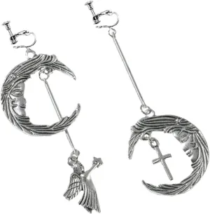 1 Pair Moon Angel Cross Pendant Creative Asymmetrical Dangle Earrings for Women Unique Punk Style Silver Finish for Parties and Everyday Wear