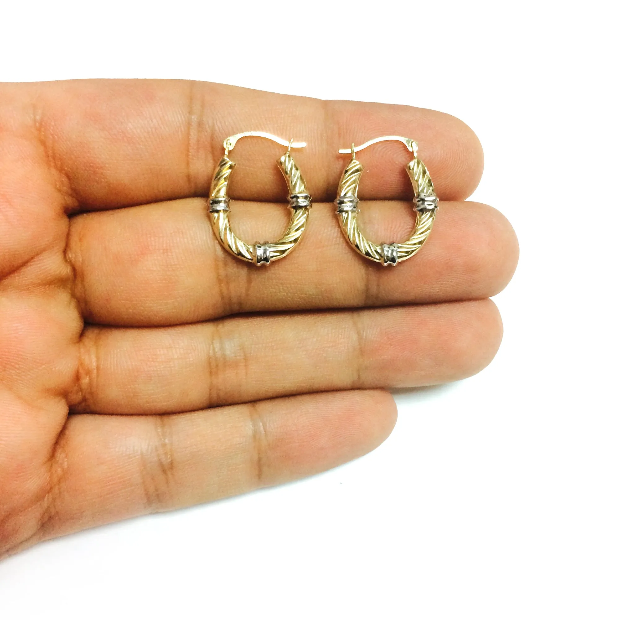 10k 2 Tone White And Yellow Gold Swirl Texture Oval Hoop Earrings, Diameter 20mm