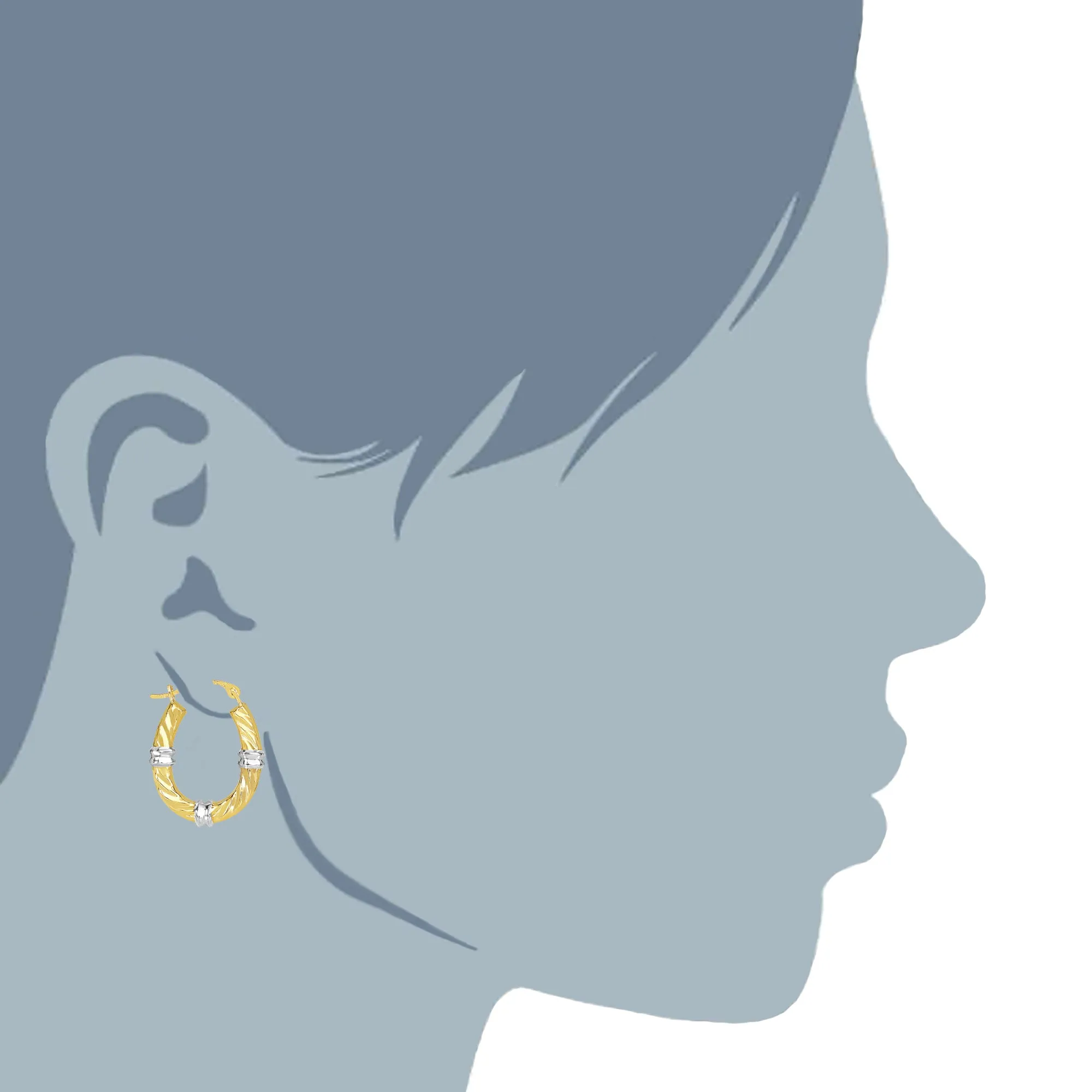 10k 2 Tone White And Yellow Gold Swirl Texture Oval Hoop Earrings, Diameter 20mm