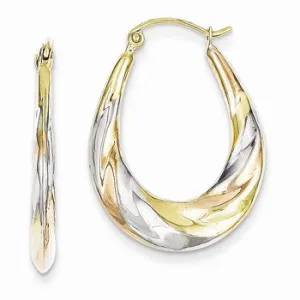 10K Gold with White and Rose Rhodium Oval Scalloped Hollow Hoop Earrings