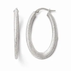 10k White Gold Laser Cut Finish Oval Hinged Hoop Earrings
