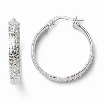 10k White Gold Polished and Textured Hinged Hoop Earrings