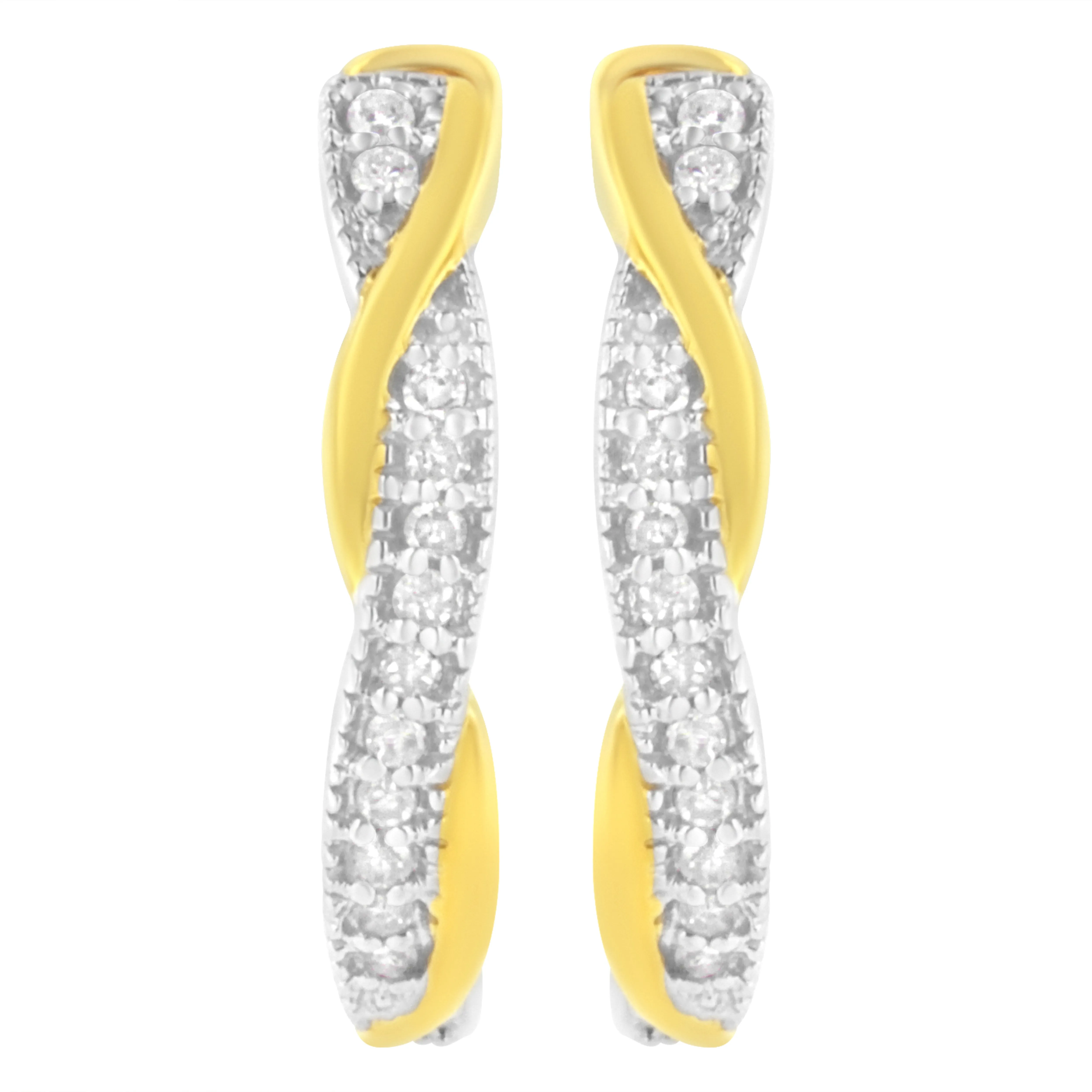 10K Yellow and White Gold Plated .925 Sterling Silver 1/4 cttw Pave Set Round-Cut Diamond Swirling Hoop Earring