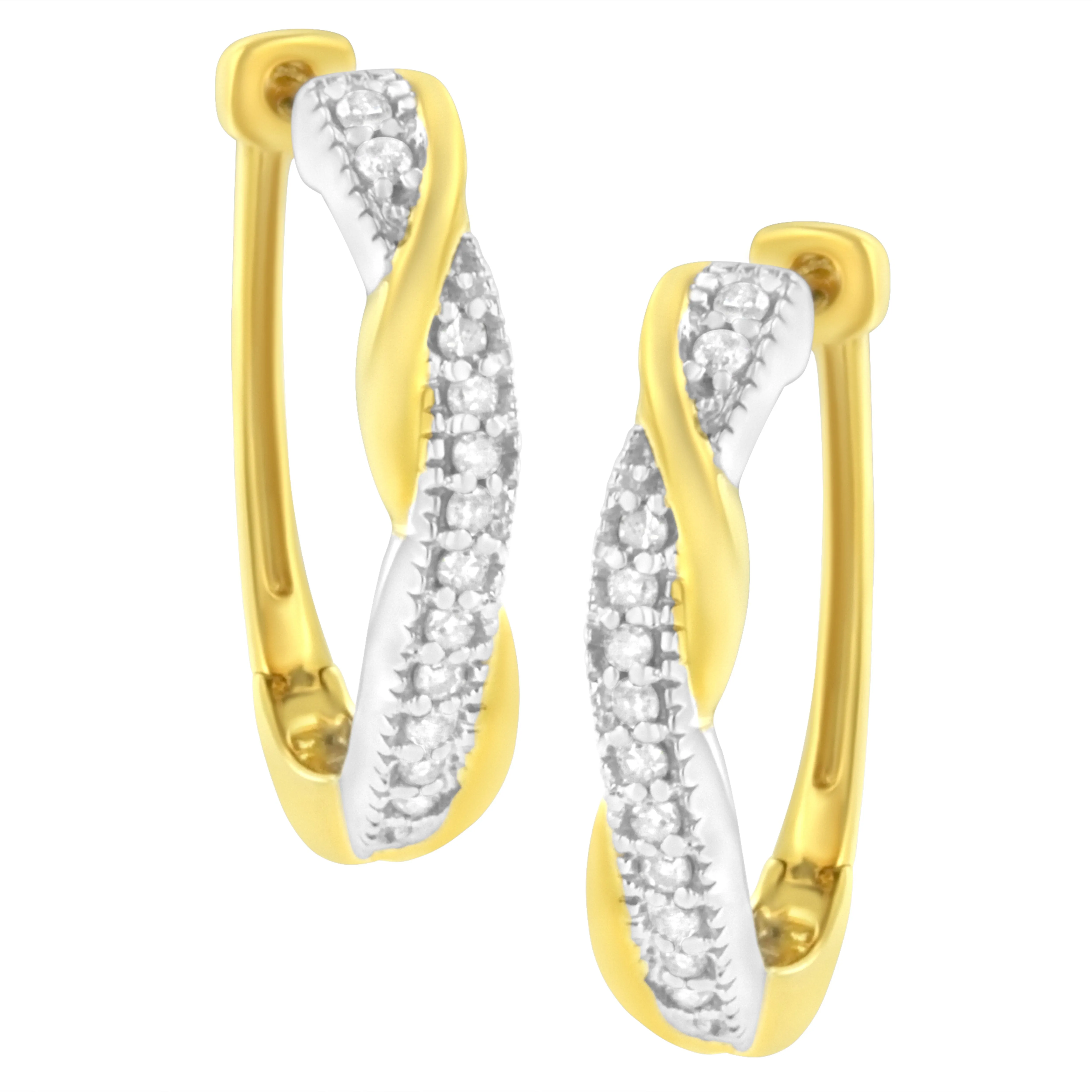 10K Yellow and White Gold Plated .925 Sterling Silver 1/4 cttw Pave Set Round-Cut Diamond Swirling Hoop Earring