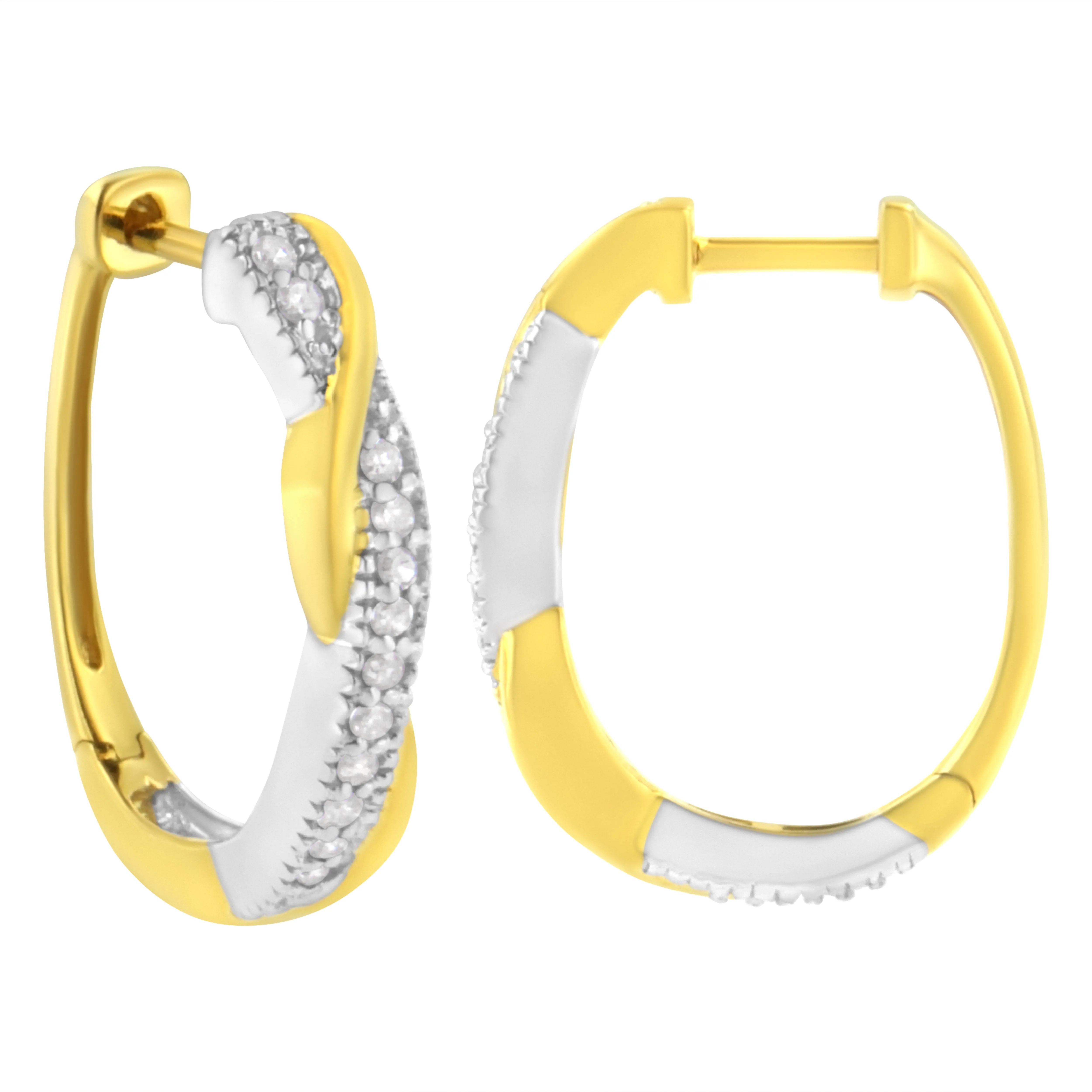 10K Yellow and White Gold Plated .925 Sterling Silver 1/4 cttw Pave Set Round-Cut Diamond Swirling Hoop Earring