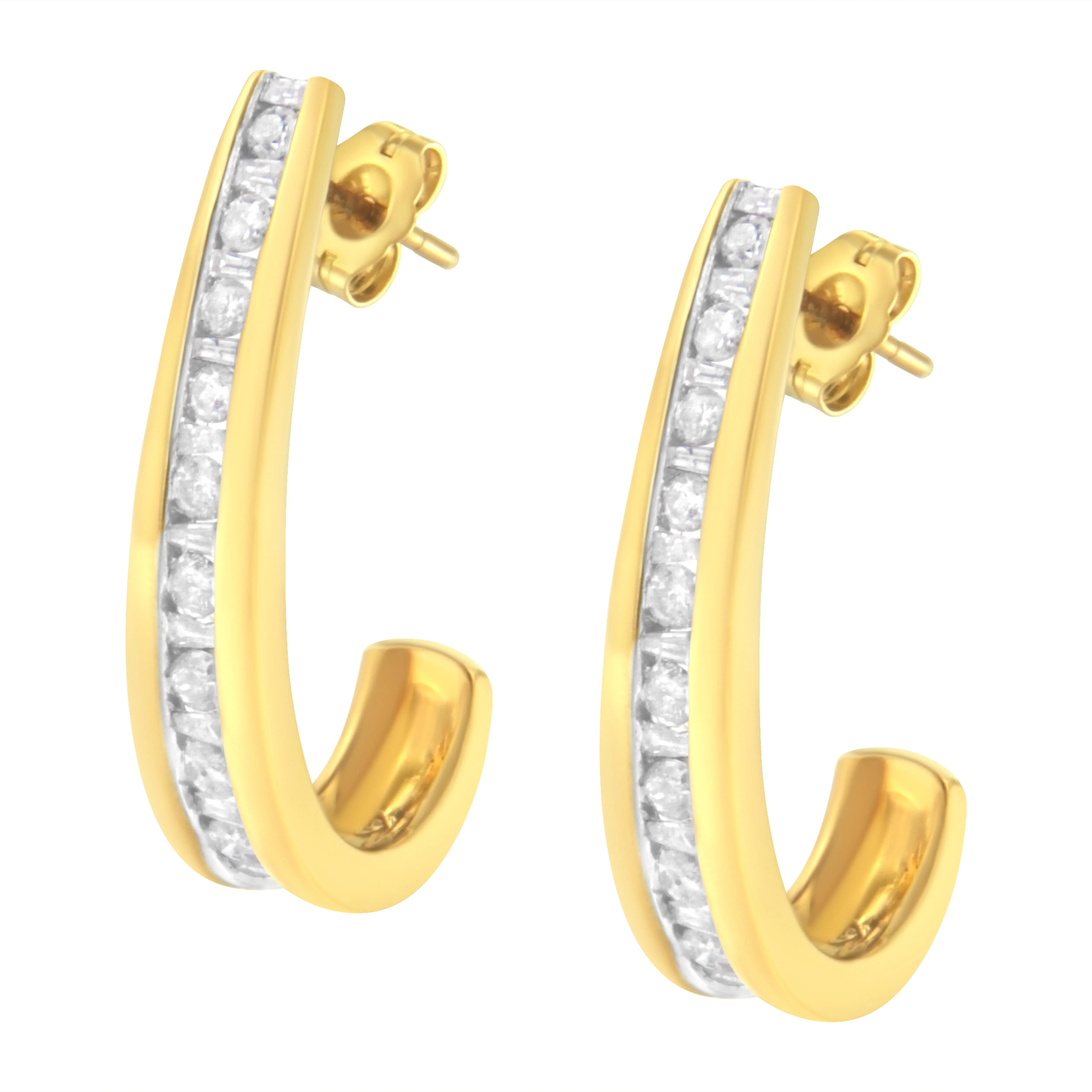 10K Yellow Gold 1 cttw Channel Set Diamond J-Hoop Earrings