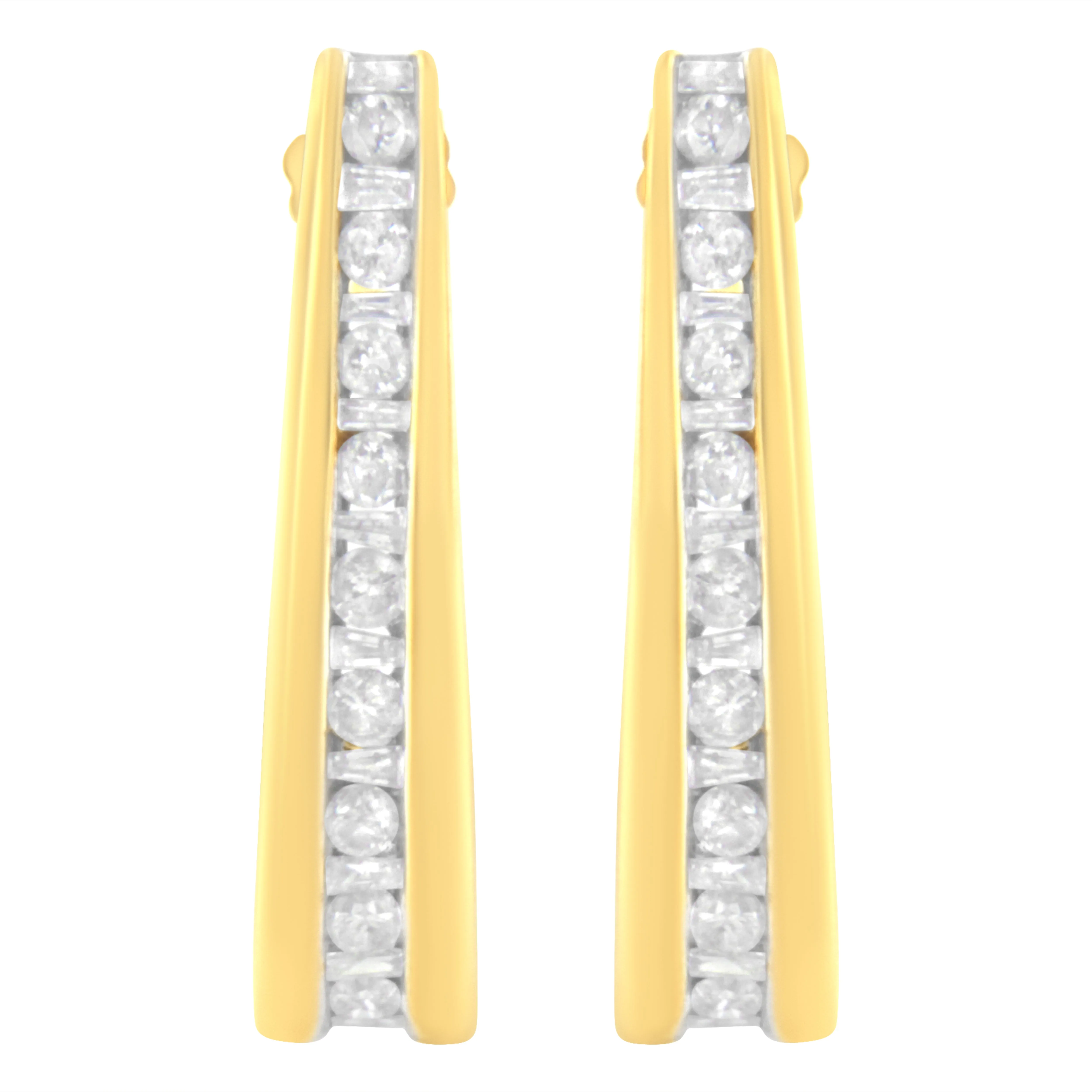 10K Yellow Gold 1 cttw Channel Set Diamond J-Hoop Earrings
