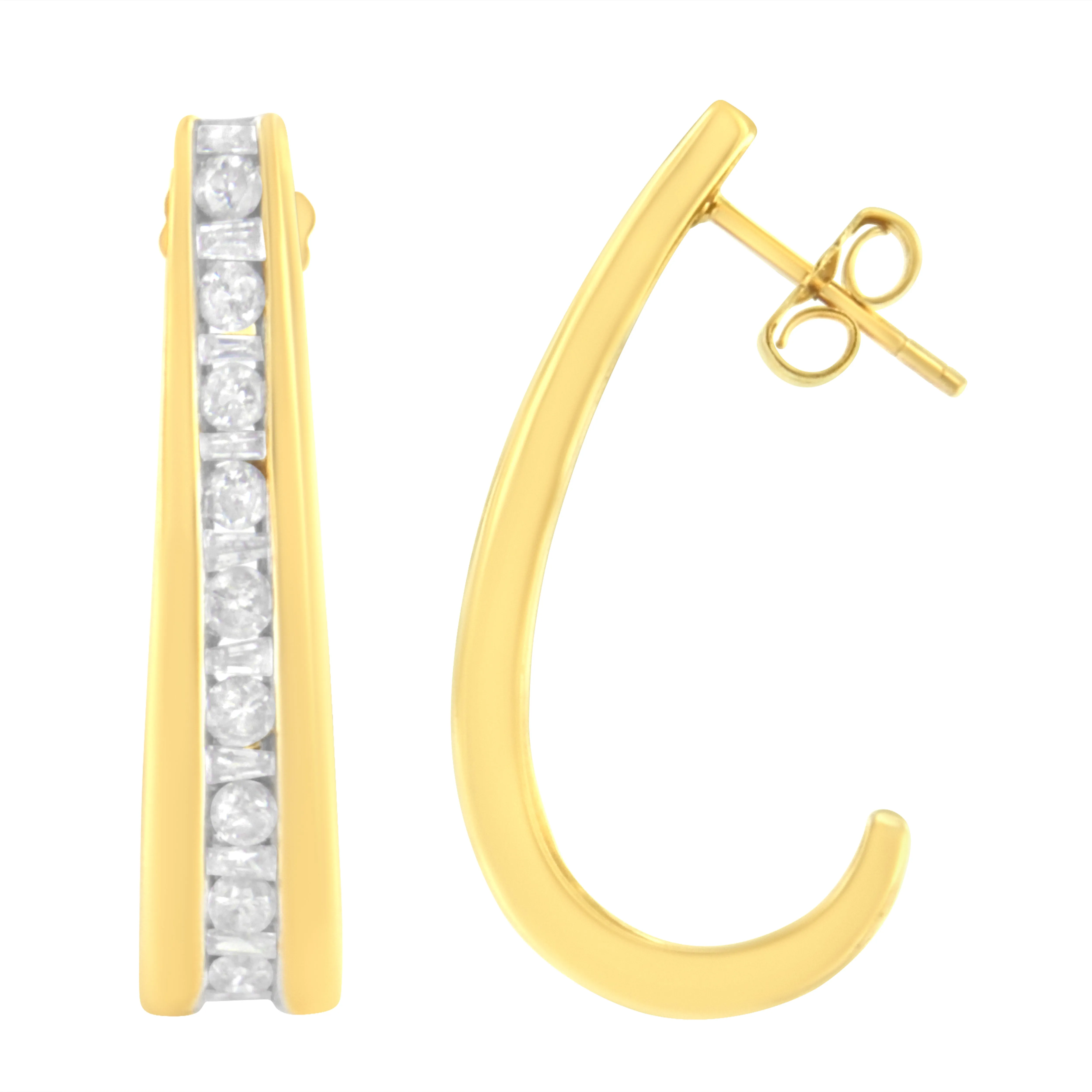 10K Yellow Gold 1 cttw Channel Set Diamond J-Hoop Earrings