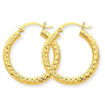 10k Yellow Gold Diamond-cut 3mm Round Hoop Earrings