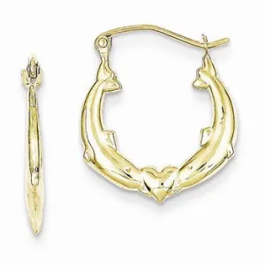 10k Yellow Gold Dolphin Heart Hollow Hoop Earrings