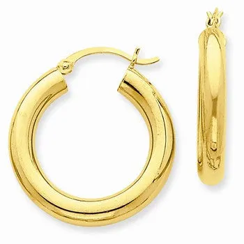10k Yellow Gold Polished 4mm x 25mm Tube Hoop Earrings