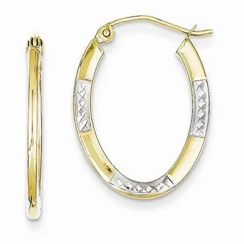 10K Yellow Gold Rhodium Plated Diamond-cut Oval Hoop Earrings