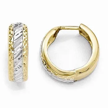 10k Yellow Gold with White Rhodium Polished and Diamond-cut Hoop Earrings