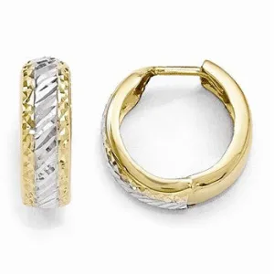 10k Yellow Gold with White Rhodium Polished and Diamond-cut Hoop Earrings