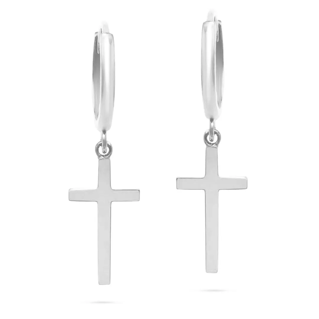 10k Yellow or White Gold Dangle Cross and Hidden Notched Small Huggie Hoop Earrings