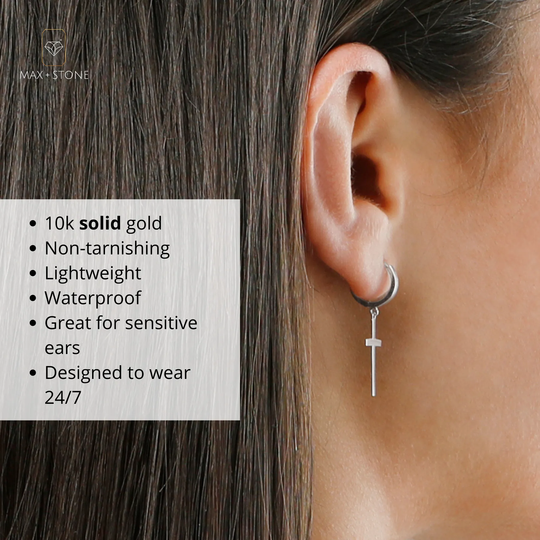 10k Yellow or White Gold Dangle Cross and Hidden Notched Small Huggie Hoop Earrings