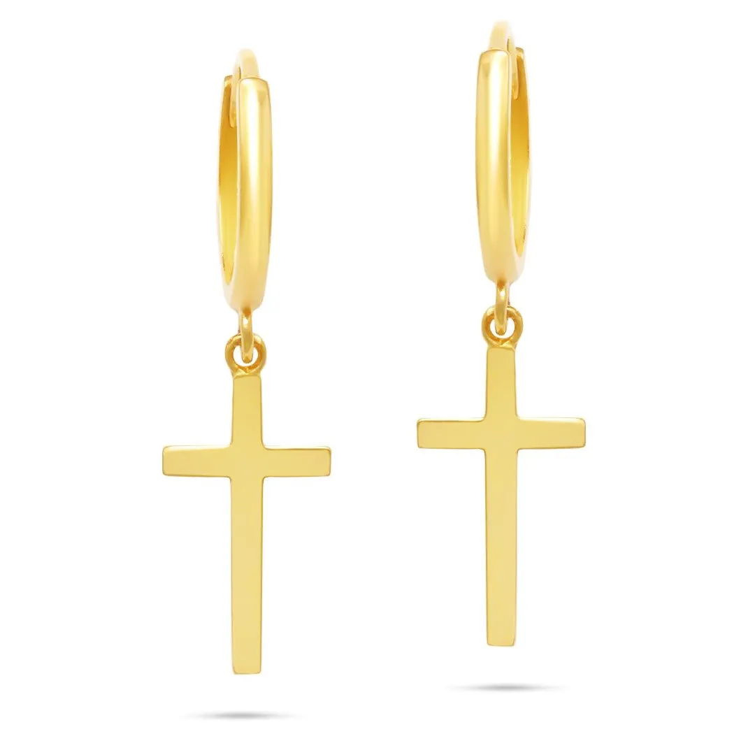 10k Yellow or White Gold Dangle Cross and Hidden Notched Small Huggie Hoop Earrings