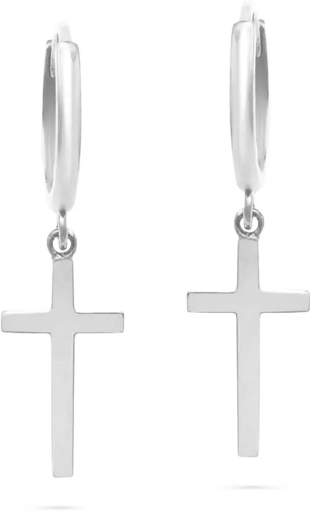 10k Yellow or White Gold Small Huggie Hoop Earrings for Women and Men with Dangle Cross and Hidden Notched Post by MAX   STONE