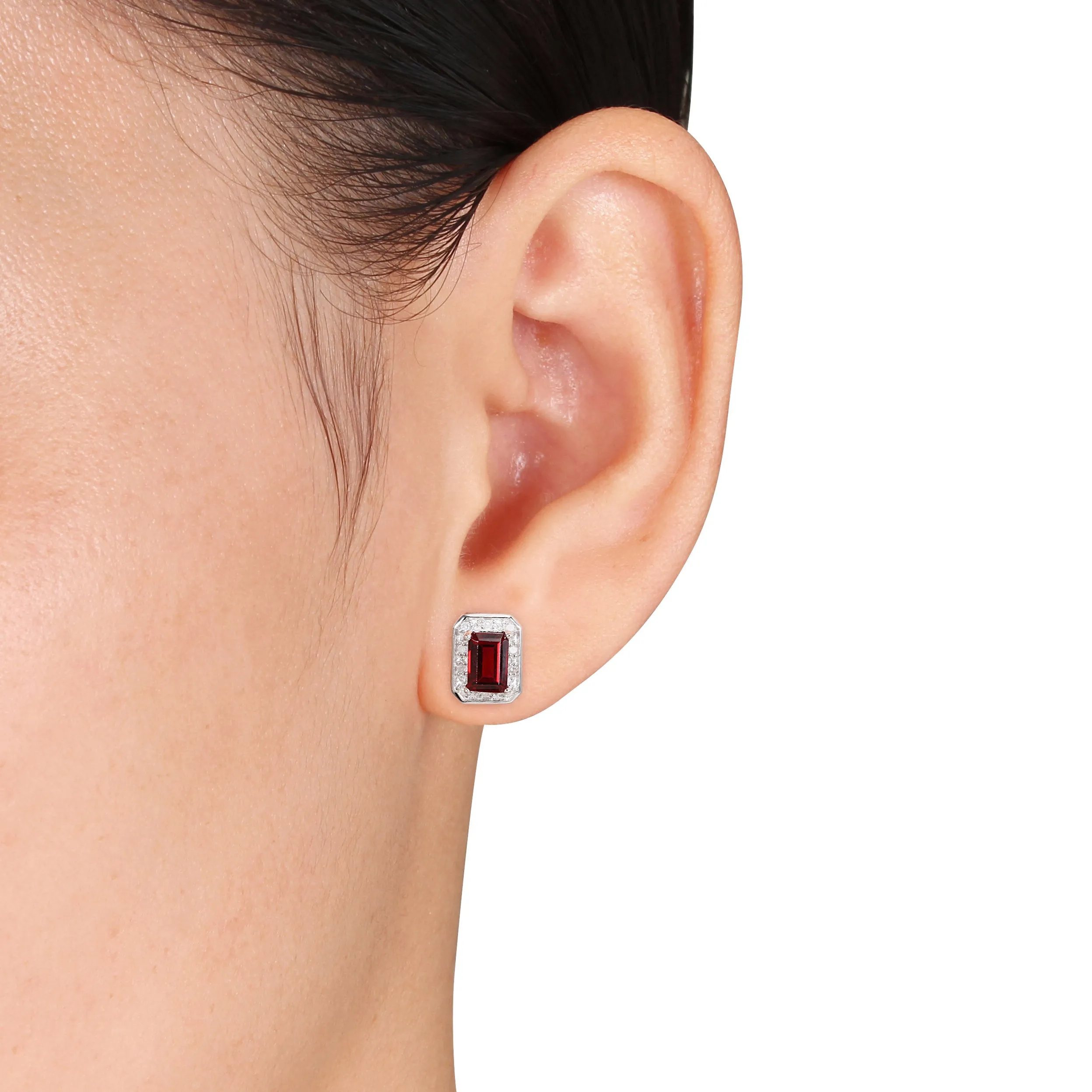 1/10 CT TW Diamond and Garnet Halo Stud Earrings in Sterling Silver