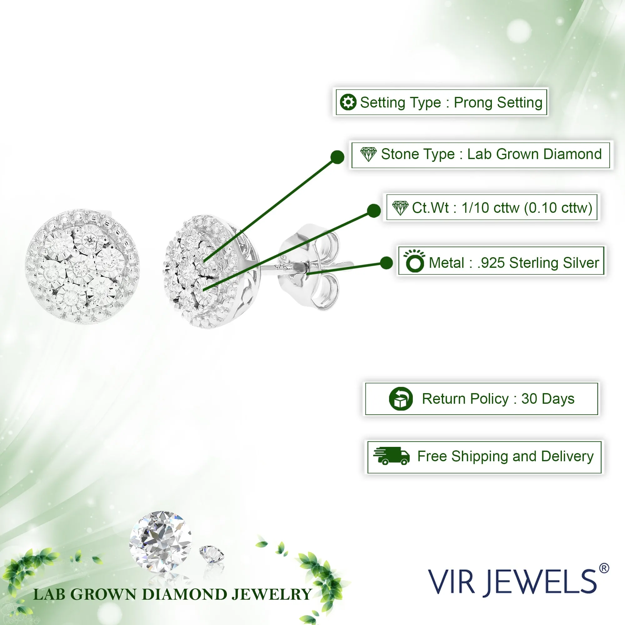 1/10 cttw Round Lab Grown Diamond Studs Earrings .925 Sterling Silver Prong Set 1/2 Inch