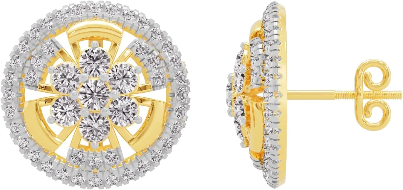 1.3 Carat IGI Certified Lab Grown Round Cluster Halo Diamonds | 10k Gold Enchanting Reverie Stud Women Earrings in White, Yellow, Rose Variants (F-G, VVS-VS) | Joyas Florales En Racimo