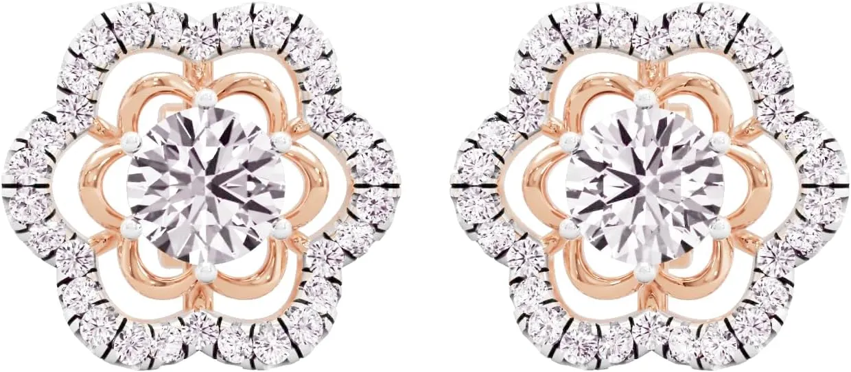 1.4 Carat IGI Certified Lab Grown Round Cut Solitaire Halo Prong Diamonds 10k Gold Blossoming Charm Petals Screw Back Stud Earrings Pair for Women (F-G, VVS-VS) | Fascinación Floral
