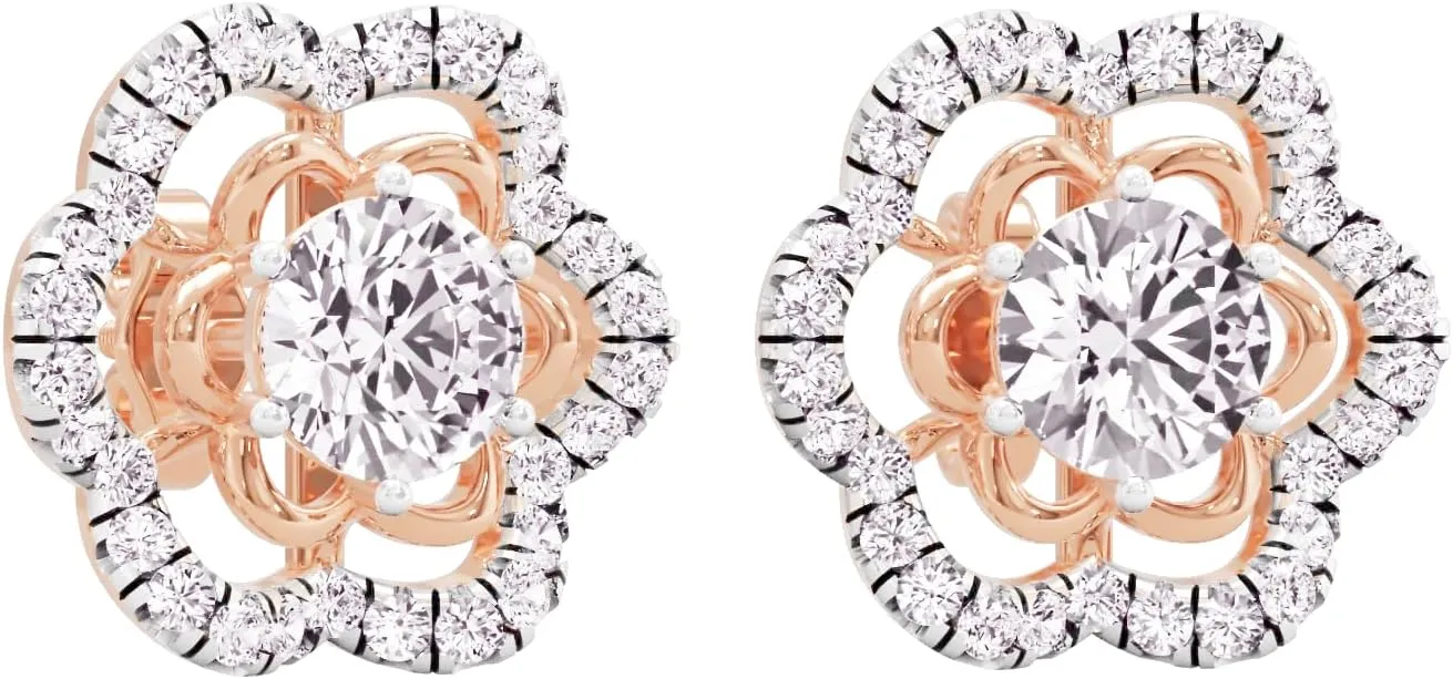 1.4 Carat IGI Certified Lab Grown Round Cut Solitaire Halo Prong Diamonds 10k Gold Blossoming Charm Petals Screw Back Stud Earrings Pair for Women (F-G, VVS-VS) | Fascinación Floral