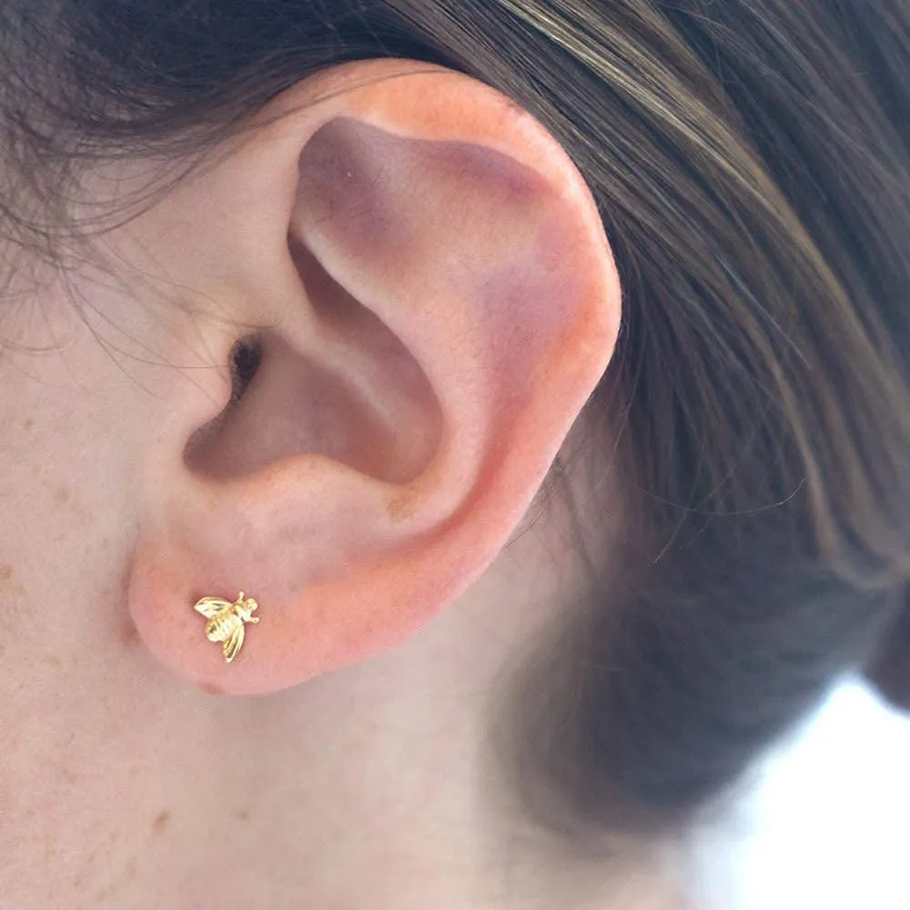 14K Gold Bee Stud Earrings, 14K Solid Yellow Gold Dainty Honey Bees Studs, Tiny Dainty Bumble-Bee Handmade Jewelry, Pushback Closure Earrings, Simple Minimalist Fashionable Gift for Young Women