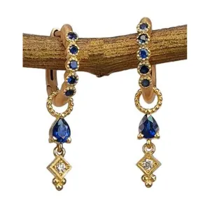 14K Gold Blue Sapphire & Diamond Drop Hoop Earrings - M9605