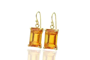 14k Gold Citrine Emerald Cut Earrings - November Birthstone Jewelry - Minimalist Rectangular Dangle Earrings - Elegant Orange Gemstone Statement Design