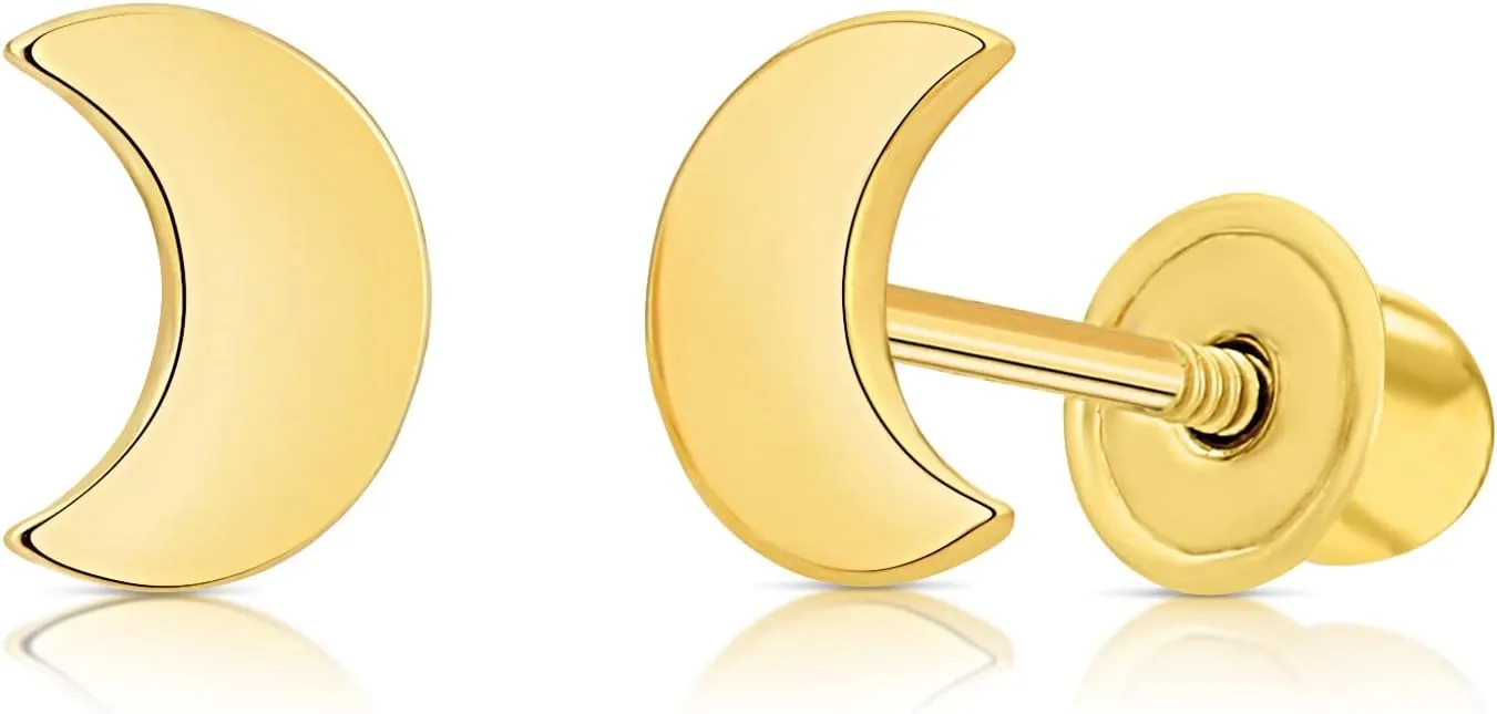 14K Gold Dainty Small Mini Crescent Moon Stud Earrings Minimalist with Screw-backing