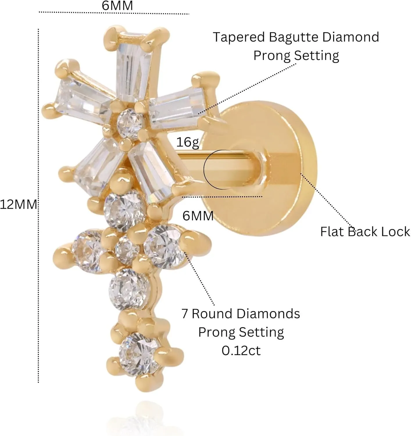 14K Gold Flower Dangle Piercing, Floral Vines Cartilage Stud, Baguette Diamond (0.55ct) Earring, Sunburst Piercing, Leaf Climber Stud, Gift For Her.