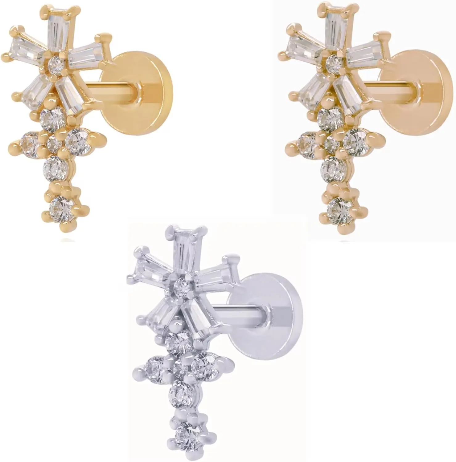14K Gold Flower Dangle Piercing, Floral Vines Cartilage Stud, Baguette Diamond (0.55ct) Earring, Sunburst Piercing, Leaf Climber Stud, Gift For Her.