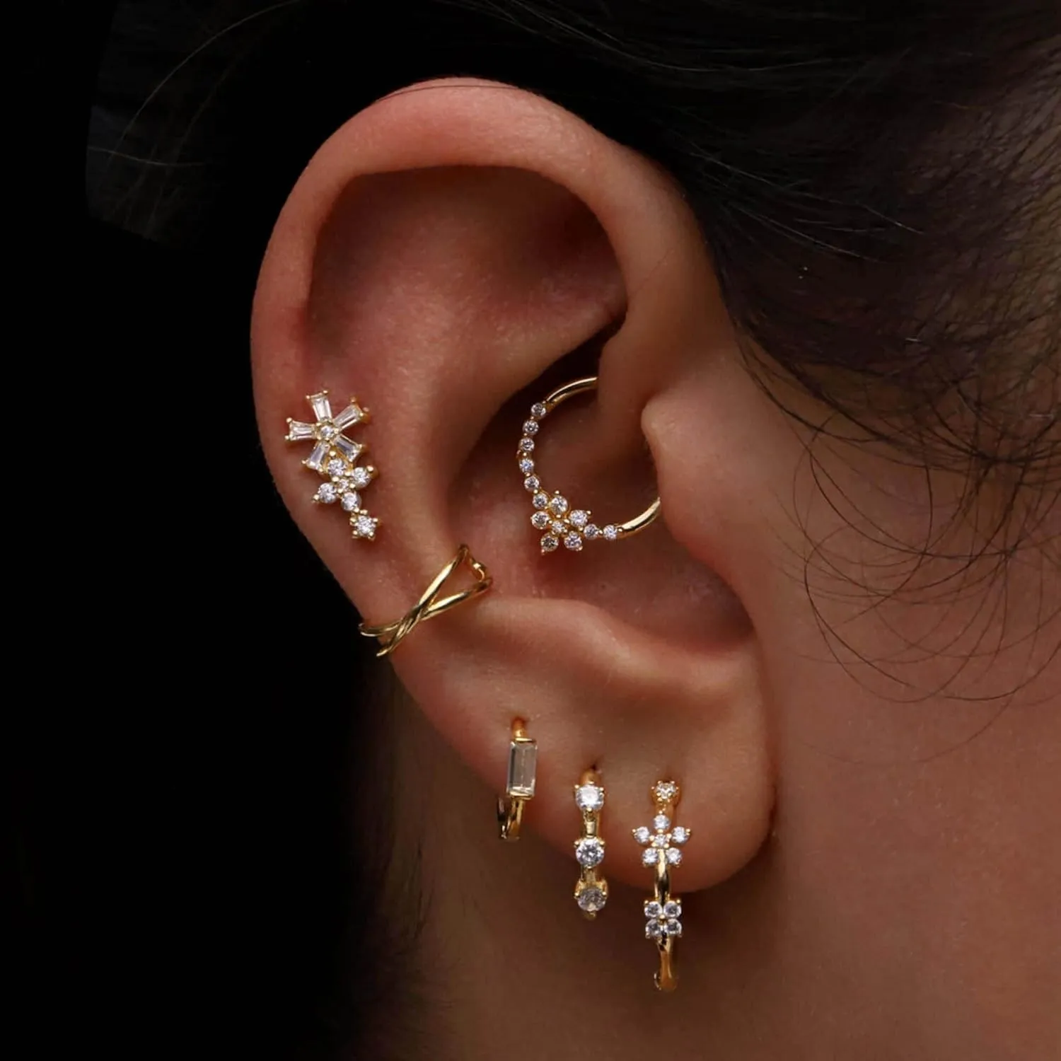 14K Gold Flower Dangle Piercing, Floral Vines Cartilage Stud, Baguette Diamond (0.55ct) Earring, Sunburst Piercing, Leaf Climber Stud, Gift For Her.