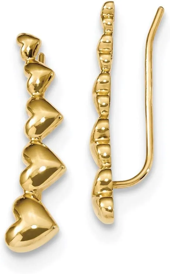 14k Gold Heart Polished Ear Climber Earrings Shimmering