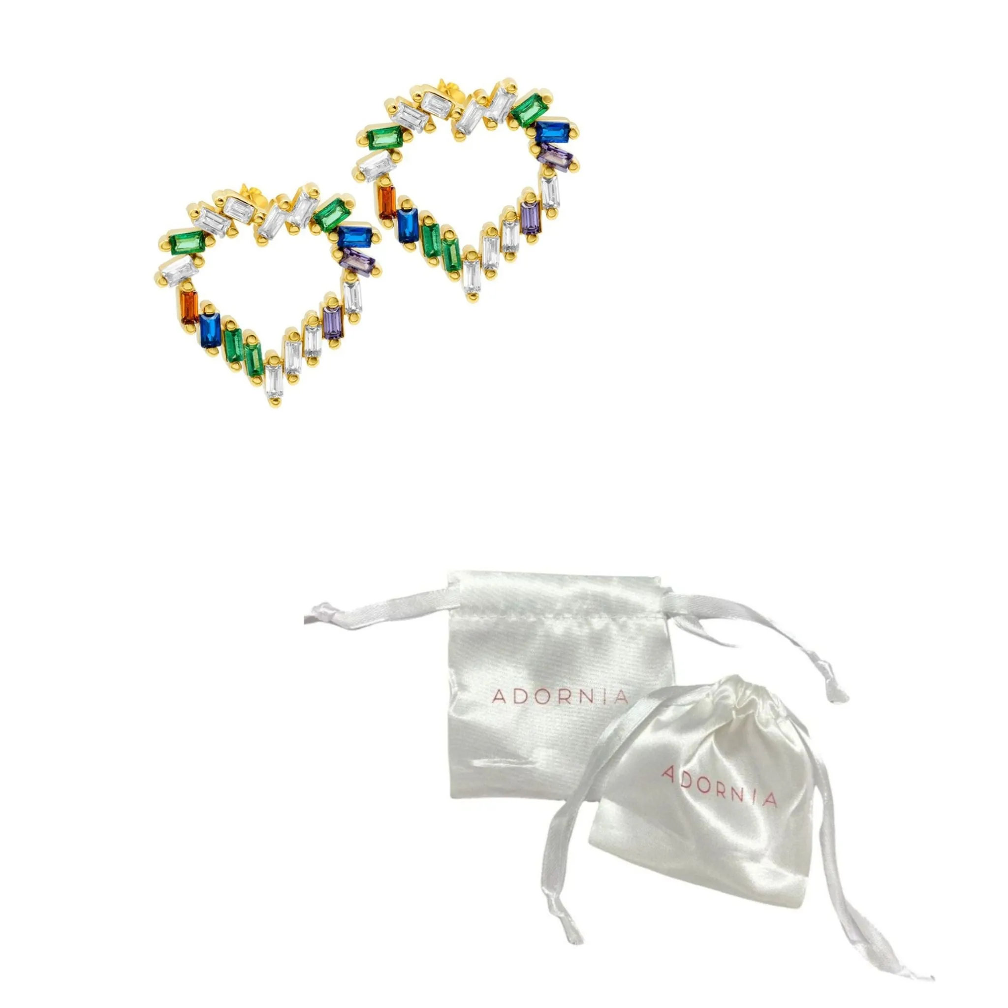 14k Gold Plated Rainbow Baguette Open Heart Studs Earrings