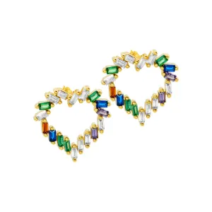 14k Gold Plated Rainbow Baguette Open Heart Studs Earrings