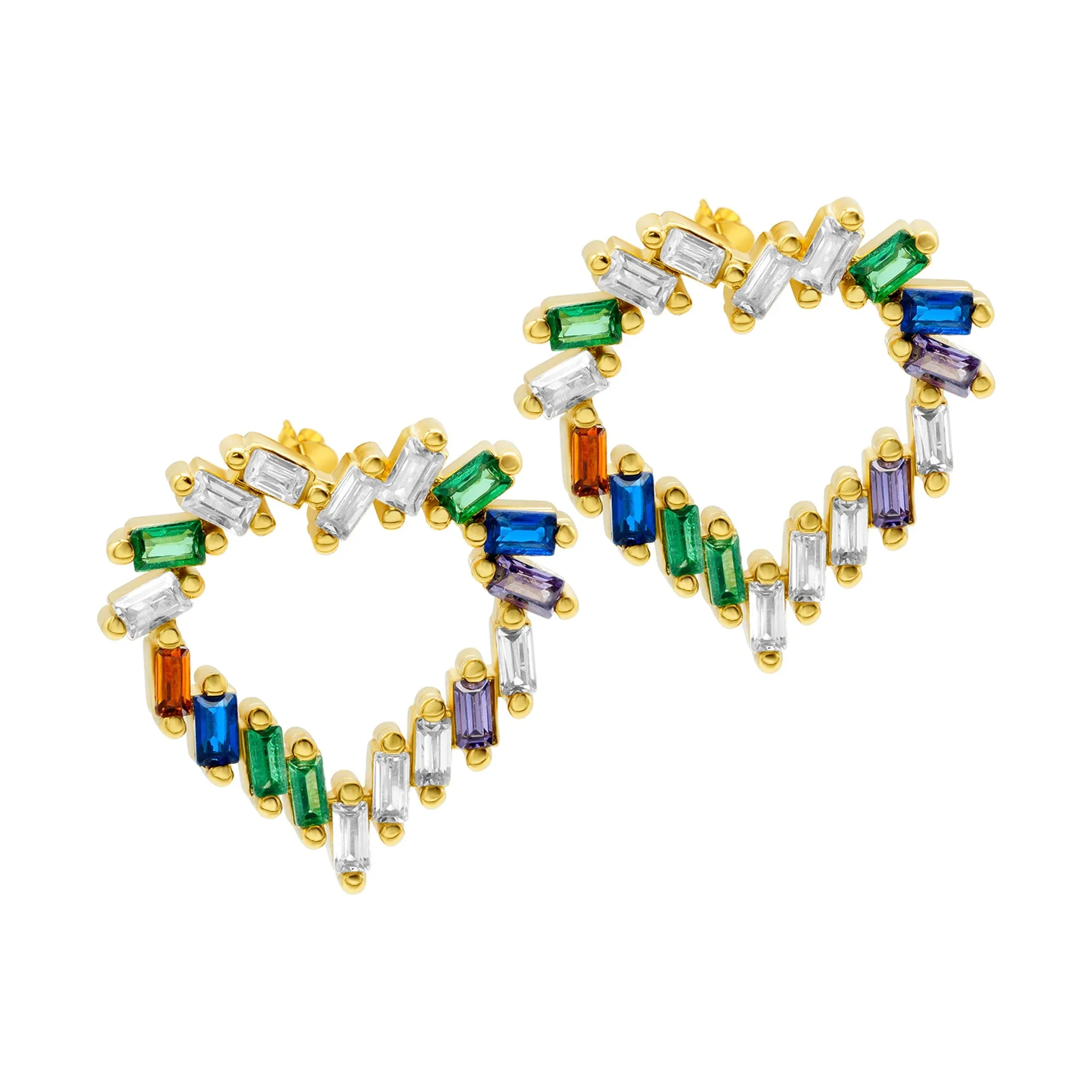 14k Gold Plated Rainbow Baguette Open Heart Studs Earrings