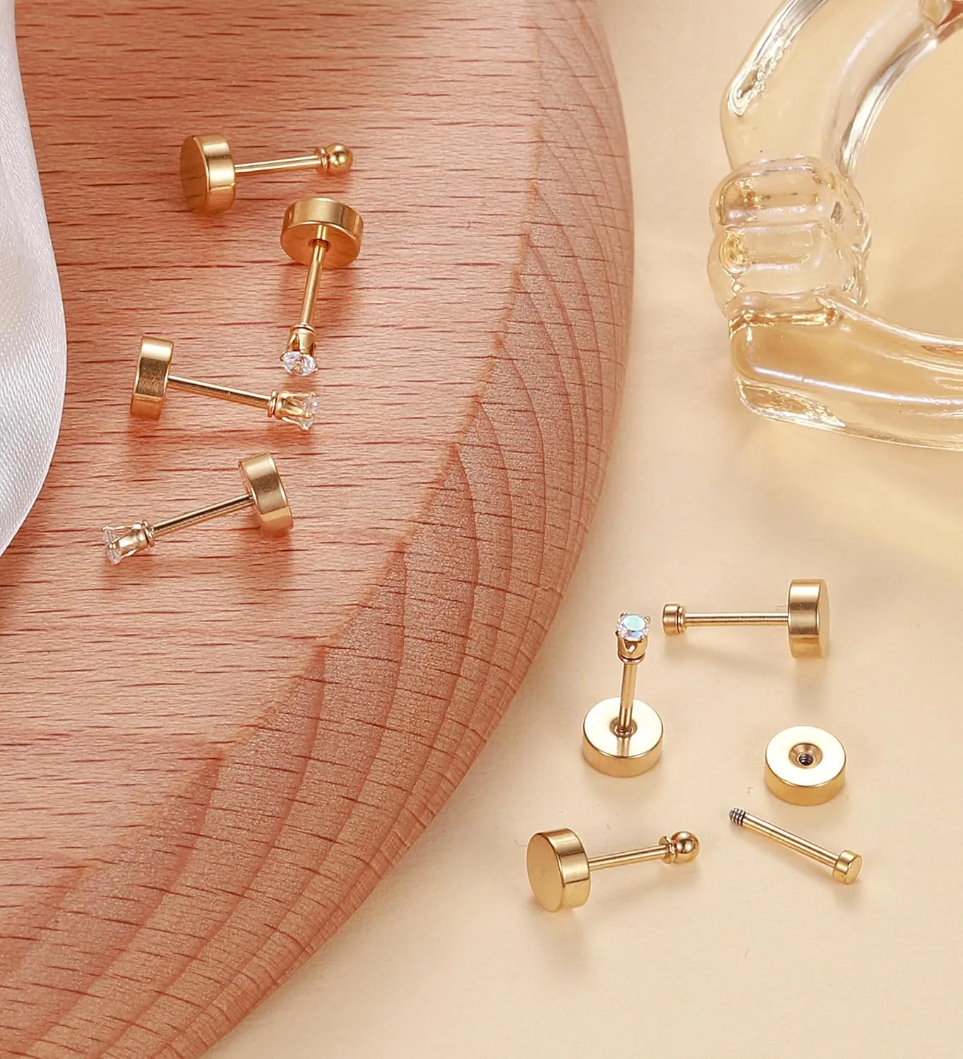 14K Gold Plated Small Stud Earrings for Men Women Stainless Steel CZ Cartilage FlatBack Nap Stud Earrings Set Ball Dot Hypoallergenic Tiny Earrings Piercing Studs 2MM