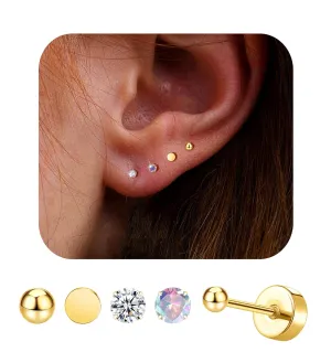 14K Gold Plated Small Stud Earrings for Men Women Stainless Steel CZ Cartilage FlatBack Nap Stud Earrings Set Ball Dot Hypoallergenic Tiny Earrings Piercing Studs 2MM